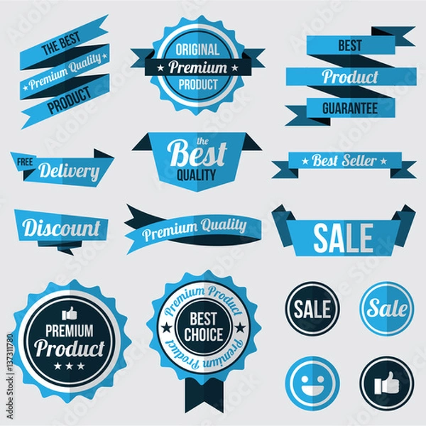 Obraz set of blue badges , labels and ribbons. flat design concept. branding and sale decoration. vector illustration.