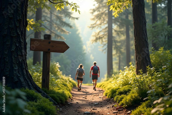 Fototapeta Couple's Forest Adventure, Discovering Nature's Beauty on a Scenic Mountain Trail, Embracing the Outdoors and Following the Directional Signpost for an Unforgettable Experience