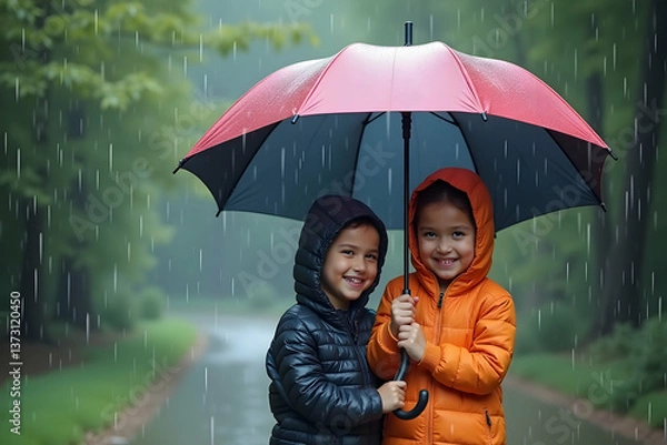 Fototapeta Delightful children under an umbrella in the rain, their faces beaming with joy and resilience, creating a heartwarming scene during a rainy day activity outdoors