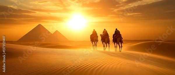 Obraz Three camels and riders journeying through the vast desert landscape