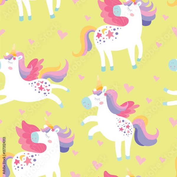 Fototapeta Childrens cartoon unicorn seamless pattern. Kids fairytales ornament hand drawn with unicorns