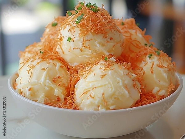 Obraz Creamy mashed potatoes topped with orange garnish and green herbs