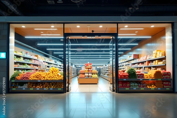 Obraz Eye-Level View of a Modern Grocery Store with Abundant Produce Displays and Well-Stocked Shelves, Showcasing a Clean, Bright, and Inviting Shopping Experience