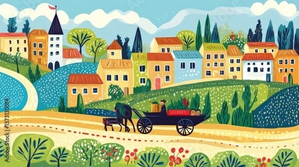 Fototapeta Vibrant Countryside Scene with Horse-Drawn Cart and Charming Village Houses Surrounded by Lush Green Nature and Colorful Trees Under a Bright Blue Sky