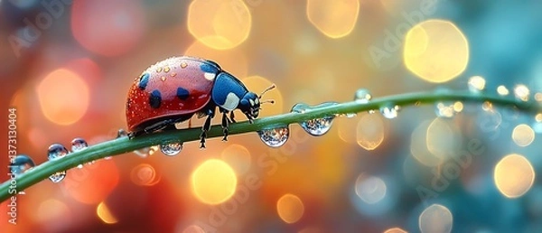 Fototapeta A detailed photograph shows a ladybug on a wet dewy green stem