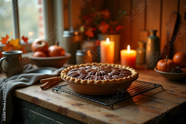 Fototapeta Inviting Autumn Still Life, A Warm Pecan Pie, Glowing Candles, and Miniature Pumpkins Evoke the Essence of Thanksgiving and Cozy Gatherings in a Rustic Kitchen Setting