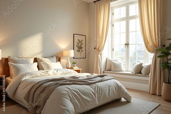 Fototapeta Inviting Bedroom Interior with Natural Light and Cozy Ambiance offering a serene space with comfortable bedding and neutral tones for rest and relaxation