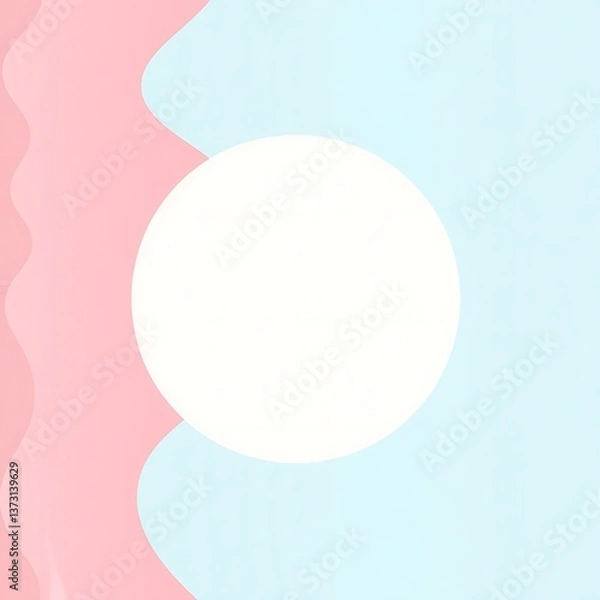 Fototapeta Abstract pastel background with a white circle overlaying pink and light blue wavy shapes design