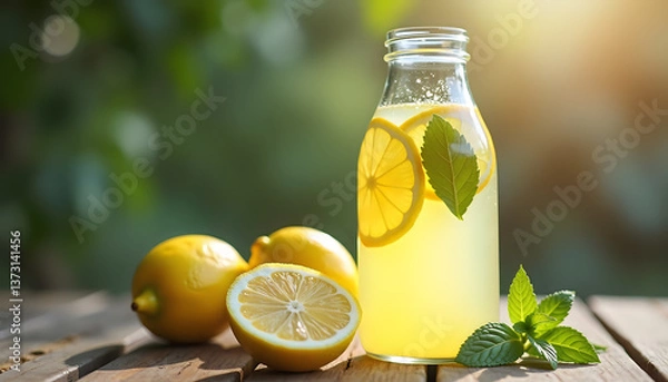 Obraz Bottle of homemade lemonade with mint and lemons on wooden table