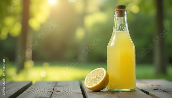 Fototapeta Vintage glass bottle with fresh lemonade and lemon on wooden table in sunny park