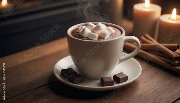 Fototapeta Cup of hot chocolate with marshmallows and candles on table