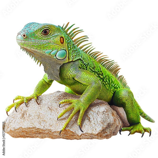 Obraz A Vibrant Green Iguana Basking on a Rock Isolated on Transparent Background