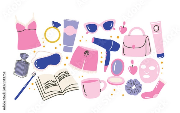 Fototapeta Cartoon stickers for cozy women’s night routine. Doodle elements of pajamas, self-care, cosmetics, accessories, and home decor. Vector trendy illustration for relaxation and beauty themes.