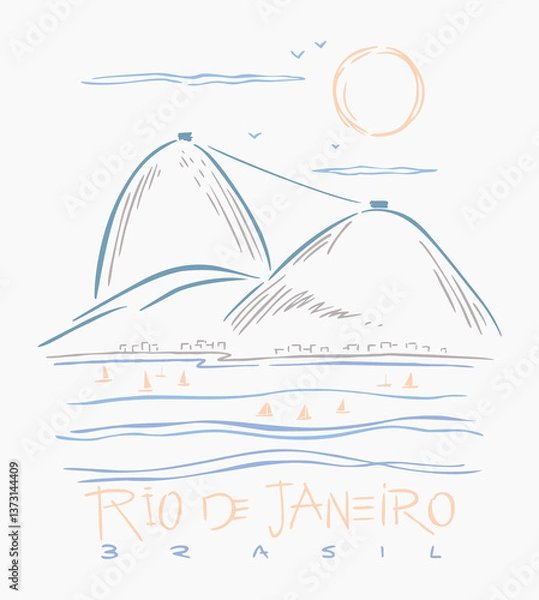 Obraz Illustration in simple and uncluttered lines of a landscape of the city of Rio de Janeiro, Brazil.