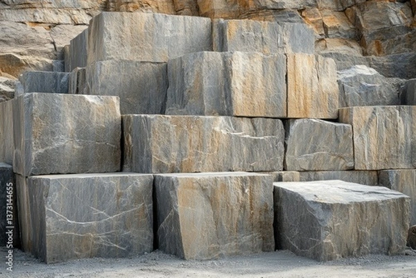 Fototapeta A quarry shows large, roughly cut gray stone blocks stacked in front of a rock face.