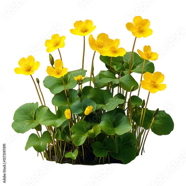 Fototapeta Cluster of Colorful Yellow Marsh Marigolds Isolated on Transparent Background