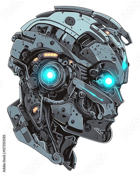 Obraz A detailed 2D vector illustration of a robotic head designed with intricate mechanical parts, glowing LED eyes, and futuristic plating. The design features sharp edges, symmetrical components