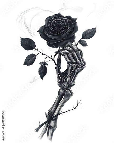 Fototapeta A detailed illustration of a skeleton hand gently holding a blooming red rose, each bone shaded with precision and the petals glowing with vivid color