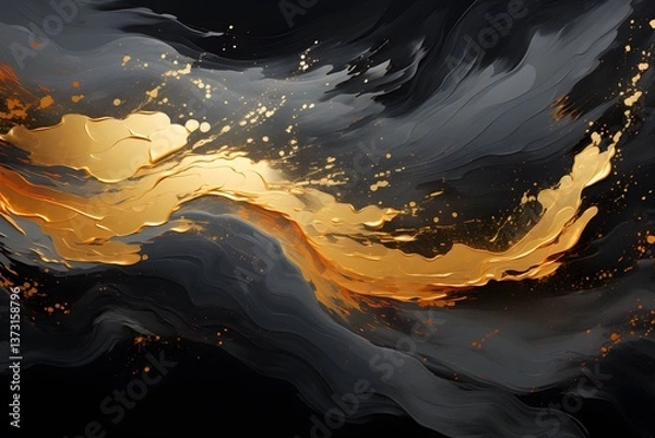 Fototapeta Abstract Gold Paint Flowing Through Dark Gray Background Texture Effect