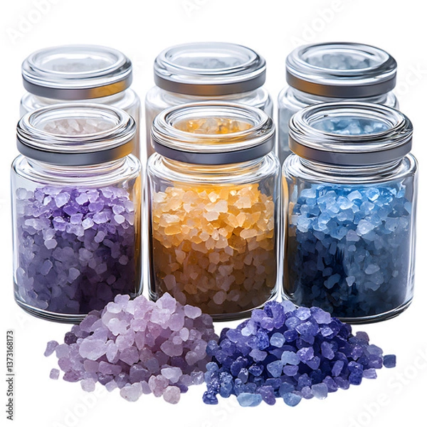 Fototapeta Set of Four Glass Jars Filled with Colorful Crystals Isolated on Transparent Background