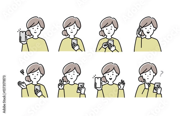 Obraz スマホを操作する若い女性のイラストセット