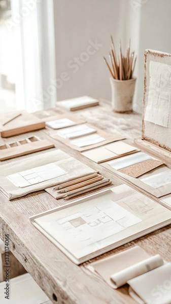Fototapeta workspace filled with design materials, sketches, and tools for creativity. wooden table s various textures and colors, inspiring artistic expression