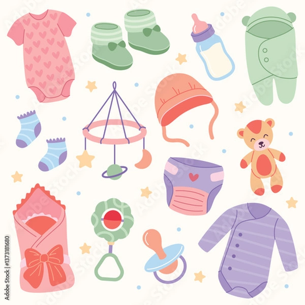 Obraz Newborn baby items set with cute cartoon elements in flat design. Vector illustration