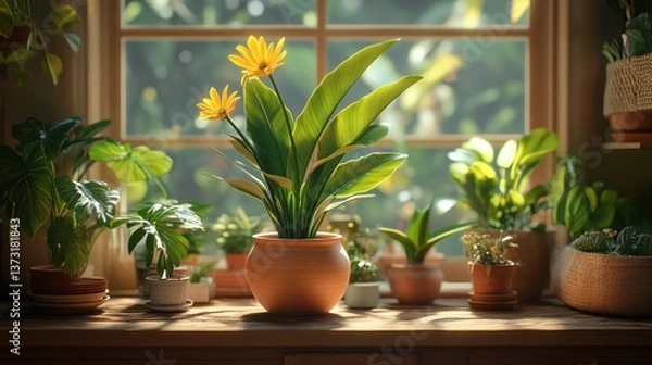 Fototapeta Sunlight streams through a window, illuminating a collection of potted plants, featuring vibrant yellow flowers