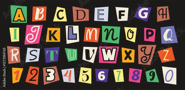 Obraz Set of magazine cutout alphabet font. Cut letter. Typography type from newspaper. Vector