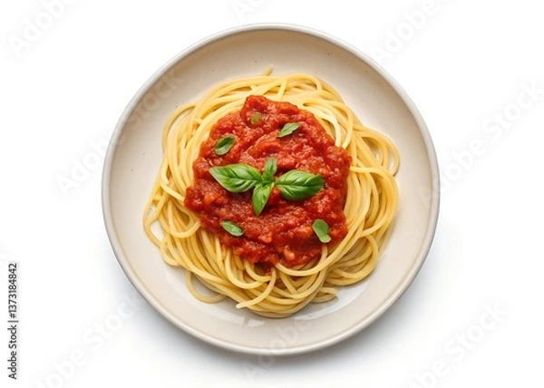 Fototapeta Delicious Spaghetti with Tomato Sauce and Basil on White Background – High-Quality Food Photo, Classic spaghetti with tomato sauce and basil, isolated on white background – perfect for food designs.