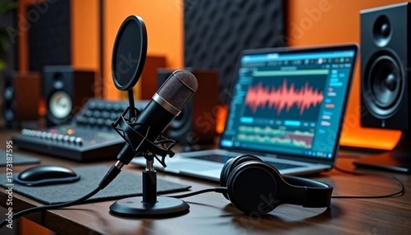 Fototapeta Modern Home Studio Setup: Podcast Microphone, Audio Interface, and Waveform Editing