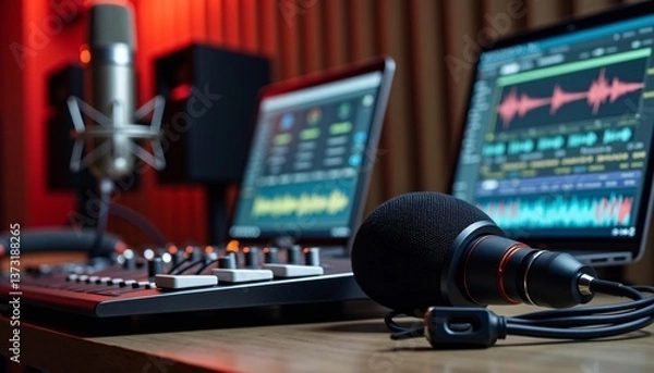Fototapeta Red-Lit Studio: Professional Audio Recording Setup with Dual Microphones and DAW Software