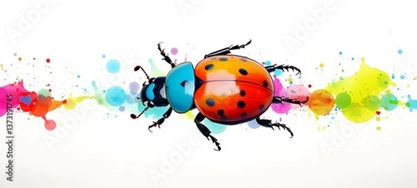 Fototapeta White background with drawings of colorful ladybug for children, ai generative