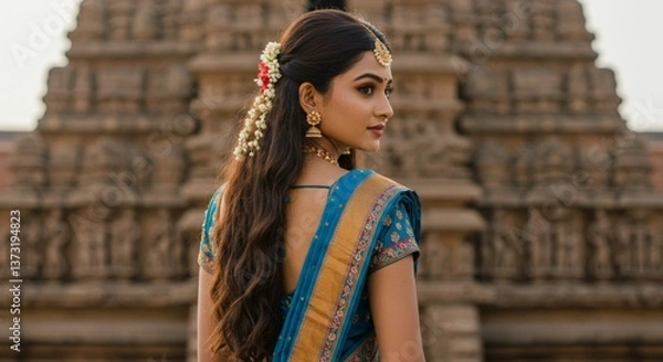 Obraz Indian Bride in Teal Saree at Temple