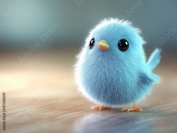 Obraz Close-up of a cute fluffy blue bird with large eyes, symbolizing innocence, nature, and the beauty of small creatures.