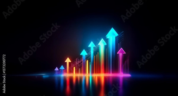 Fototapeta Rainbow arrows ascend against a stark black backdrop, embodying growth and positive trajectory. Vibrant hues illuminate the scene, suggesting progress and upward movement in a dynamic way.