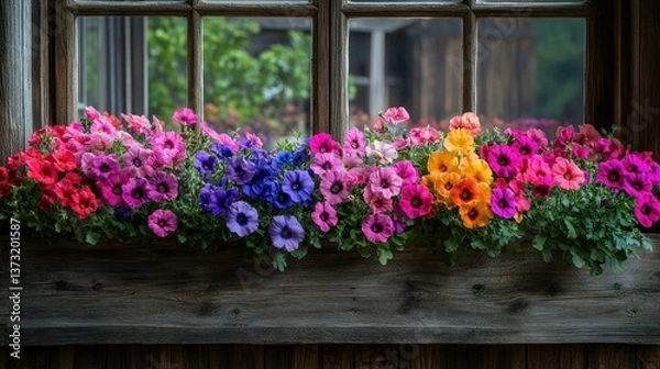 Fototapeta Vibrant flower display in a window box, showcasing a spectrum of colors