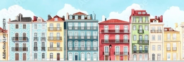 Obraz Grand Portuguese architecture features ornate azulejo tiles and balconies against a pastel backdrop