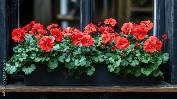 Fototapeta Vibrant red flowers in a window box