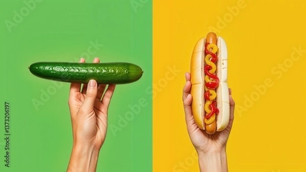 Obraz Two hands showcase different food choices: one holds a fresh cucumber, while the other has a colorful hot dog, all against vibrant green and yellow backgrounds, reflecting diverse tastes.