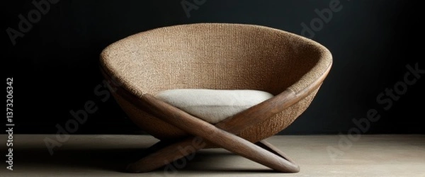 Fototapeta Unique modern chair with wooden cross-legged base and a textured woven bucket seat