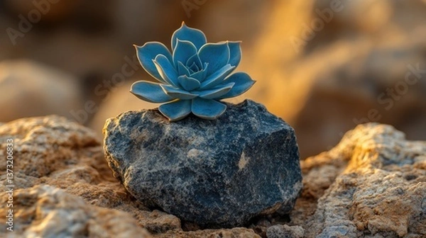 Fototapeta Succulent atop stone, earthy tones, with blurred backdrop. Beauty in a minimal yet rustic setup
