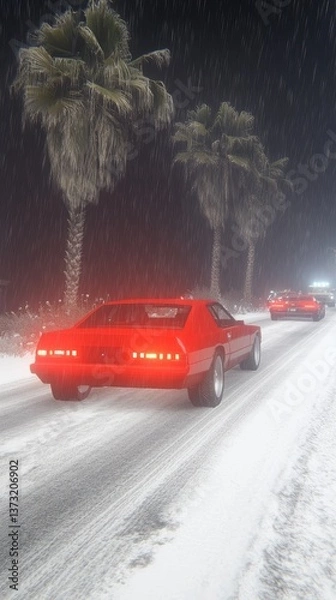 Fototapeta Snowy night road with cars and palm trees under a dark sky with soft light
