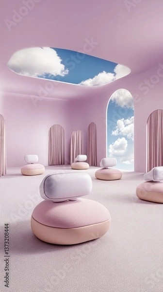 Fototapeta Soft pink room with arches open to the sky, round cushions, white oblong object on top