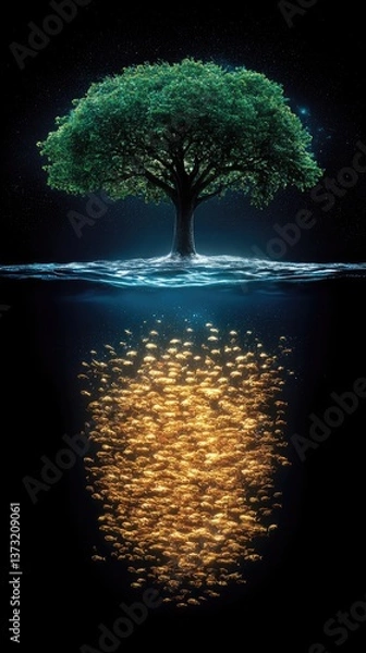 Fototapeta A lush tree reflects shimmering light into dark waters, creating contrast and depth