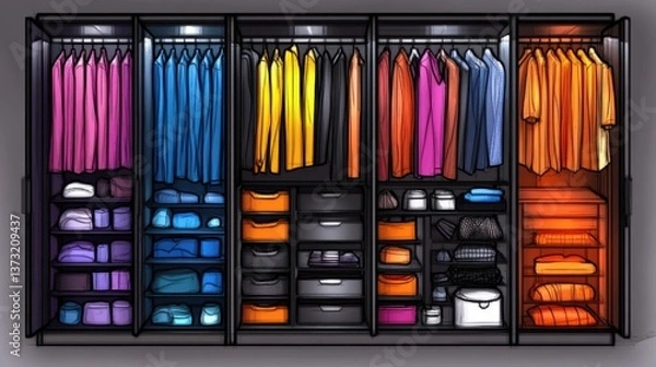 Fototapeta An organized closet with colorful garments neatly hanging and folded, creating a visually pleasing display