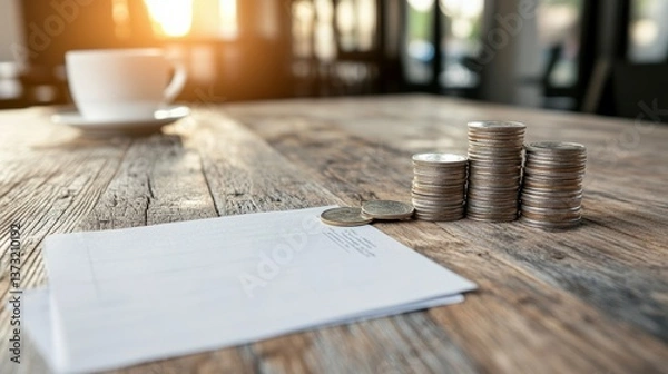 Fototapeta Stacks of coins beside an envelope on a wooden table near a coffee cup during golden hour
