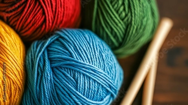 Fototapeta Colorful yarn balls and knitting needles arranged on a wooden table for crafting and creativity