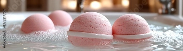 Obraz Several pink bath bombs floating in bubbly water inside a tub