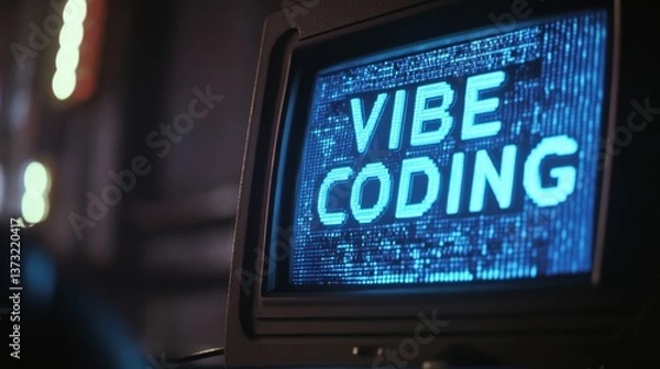 Fototapeta Blue vibe coding words on monitor screen. Vibe coding concept. Technology background